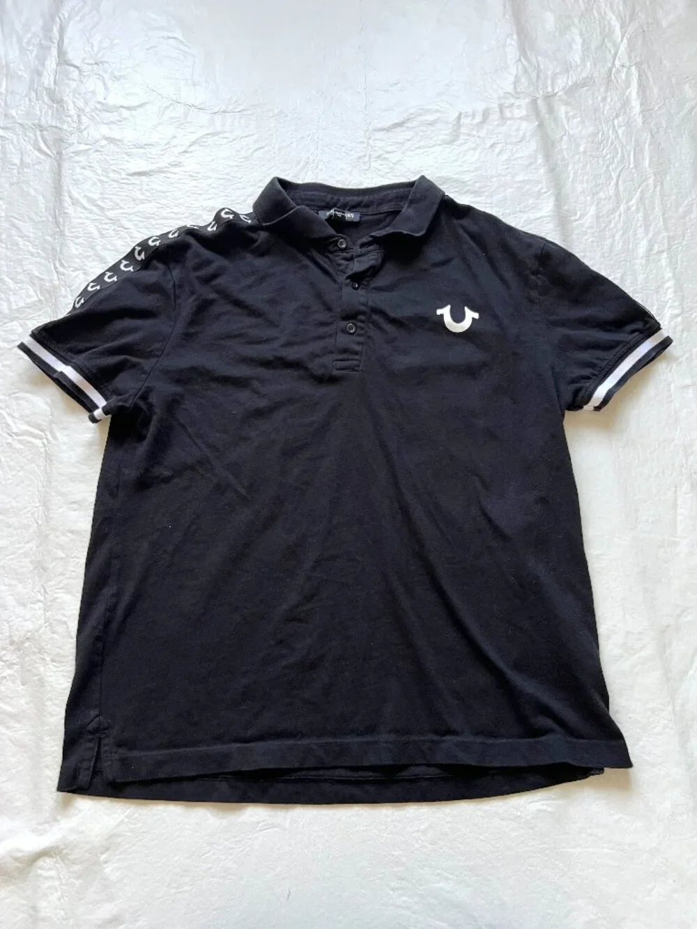True Religion polo shirt mens Medium black short sleeve white logo collared